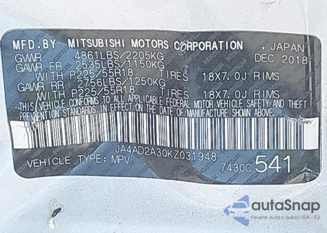 2019 Mitsubishi Outlander Es z USA, uszkodzony, nr VIN JA4AD2A30KZ031948